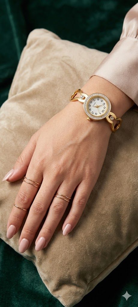 Elegant Crystal Halo Gold Kada Watch Bracelet